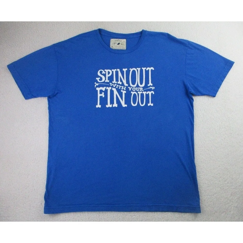 Wellen T-Shirt Mens XL Blue Short Sleeve Spin Out With Your Fin Out‎ Surf Beach